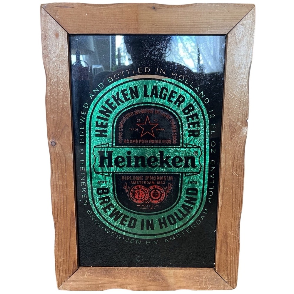Vtg Imported Heineken Beer Wood Framed Glass Mirror Sign 18x12 Bar Mancave 70s